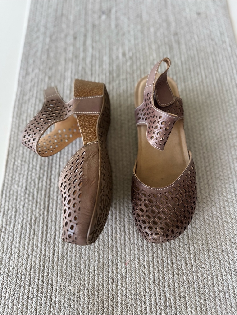 L'ATISTE Brown Metallic Perforated Wedge Mules Size 38